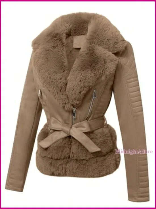 Faux Leather Moto Jacket with Removable Fur Collar Sherpa Lined Slim Fit - Picture 4 of 7